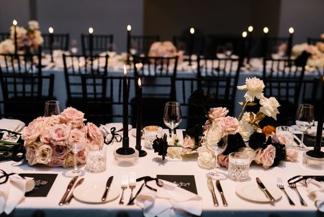 Blush And Black Table Setting, Black White Pink Wedding, Black Blush Wedding, Ocean Palace, Blush Pink And Black Wedding, Black And Pink Wedding, Surprise Flowers, Pink Black Weddings, Black Taper Candles