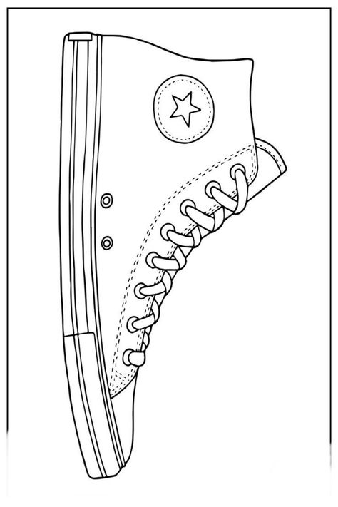 Converse Shoe Template Printable, How To Draw A Converse, Converse Sketch Simple, Converse Coloring Page, All Star Desenho, Converse Drawing Sketch, Drawing Of Converse, Converse Template, Shoe Template Printable