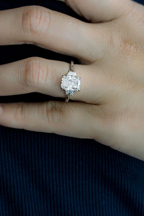 Oval With Trapezoid Side Stones, Radiant Cut With Trapezoid Side Stones, Three Stone Radiant Engagement Ring, Radiant Three Stone Engagement Ring, 3 Diamond Engagement Rings, Elongated Cushion Cut Engagement Ring, Brilliant Engagement Rings, Radiant Cut Rings, Radiant Cut Engagement Rings