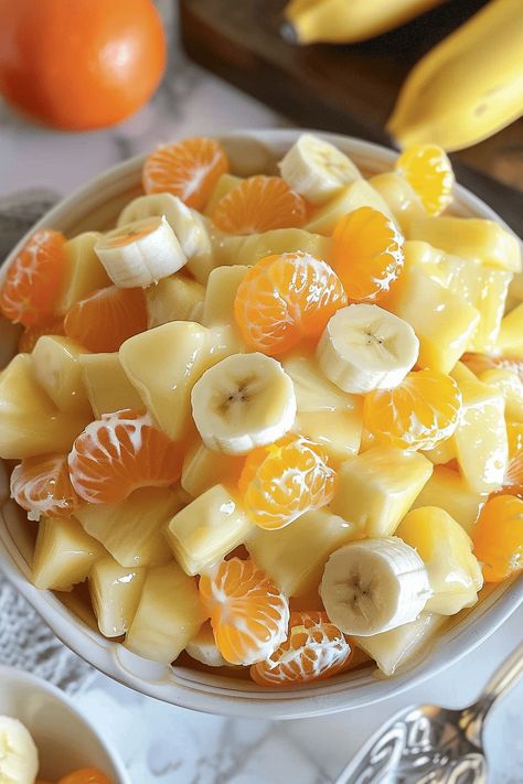 Sunshine Salad Sunshine Salad Recipe, Banana Fruit Salad, Orange Fruit Salad, Sunshine Salad, Fruit Delight, Easy Fruit Salad Recipes, Pineapple Salad, Au Gratin Recipes, Sugar Free Jello