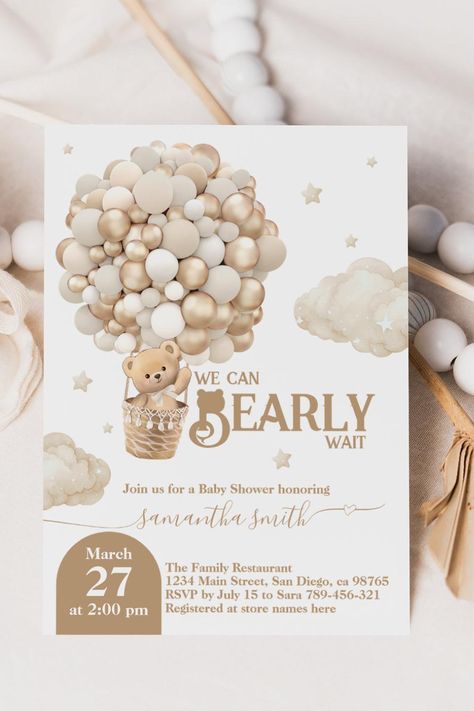 Teddy Bear Balloon Bearly Wait neutral Baby Shower Invitation Teddy Bear Balloon, Teddy Bear Baby Shower Invitations, Bear Balloon, Bear Invitations, We Can Bearly Wait, Gender Neutral Baby Shower Invitations, Boho Baby Shower Invitations, Bearly Wait, Baby Shower Thank You Cards