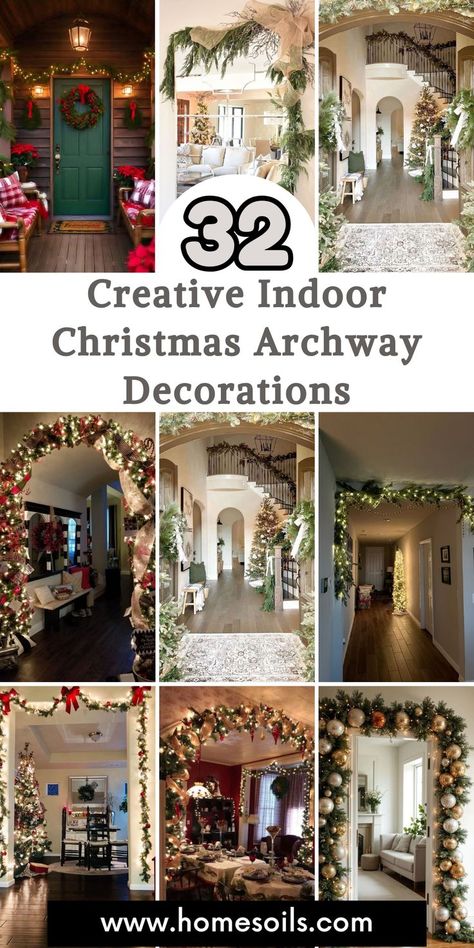 Add festive charm to your home with 32 creative indoor Christmas archway decorations. Explore ideas featuring lush greenery, sparkling lights, and seasonal ornaments. Transform your doorways into magical holiday focal points. Christmas Decor Ideas For Doorway, Doorway Christmas Decorations, Indoor Doorway Christmas Decor, Arched Doorway Christmas Decor, Decorating Archways In Home Christmas, Christmas Garland Indoor Archway, Arch Christmas Decorations Entryway, Indoor Archway Christmas Decor, Arch Garland Christmas