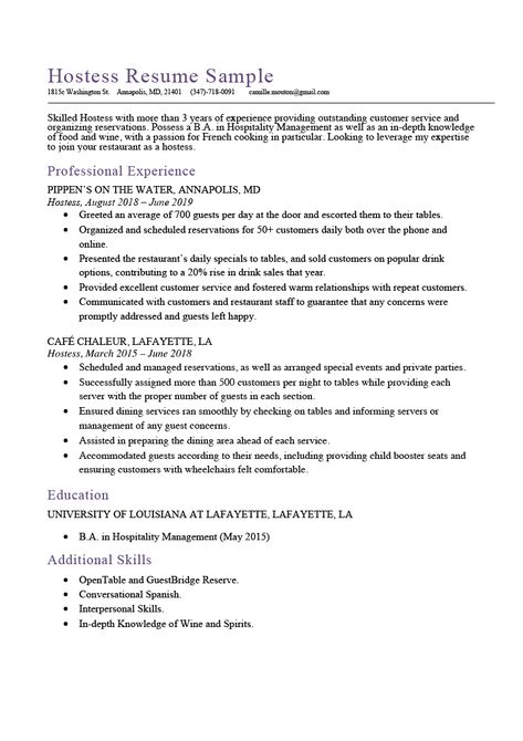 Hostess Resume Sample & Expert Writing Tips | Resume Genius Restaurant Hostess, Career Coaching, Resume Help, Executive Resume, Resume Sample, Hospitality Management, Interpersonal Skills, Job Resume, School Resources