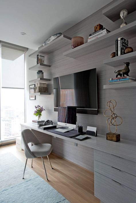 56 Leonard Street Aerie - Contemporary - Home Office - New York - by threshold interiors | Houzz Living Room Wall Design Modern, Office Tv Room Combo, Home Office Tv Room, Home Office Tv Room Combo, Office Tv Room, Home Office Tv, 56 Leonard Street, Tv Wall Living Room, Living Room Office Combo