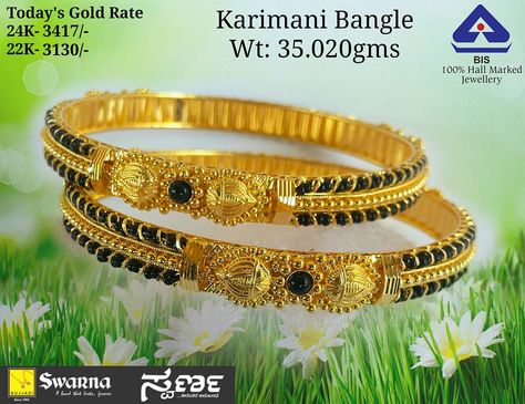 Karimani Bangle Designs Gold, Karimani Bangle Designs, Black Beads Bangles Gold, Beads Bangles Gold, Black Beads Bangles, Black Ornaments, Beads Bangles, Mughal Jewelry, Plain Gold Bangles