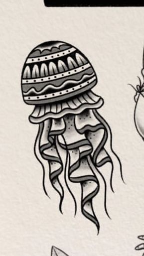 Old School Jellyfish Tattoo, Traditional Jellyfish Tattoo, Jellyfish Reference, Oldschool Tattoo Flash, Jason Tattoo, Old Style Tattoos, Ocean Theme Tattoos, Small Traditional Tattoo, Nautical Tattoo Sleeve