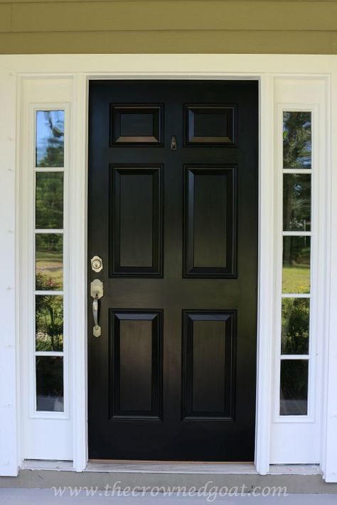 Front Door Paint with Modern Masters - The Crowned Goat Black Exterior Door With Sidelights, Best Black Front Door Paint Colors, Best Black Paint For Front Door, Black Front Door White House, Front Doors Painted Black, Front Door Paint, Black Exterior Doors, Black Front Door, Front Door Styles