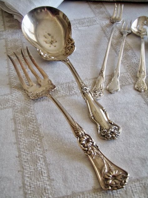 French Country Silverware, Antique Flatware, Cabin Cottage, Heirloom Recipes, Silver Cutlery, Vintage Cutlery, Vintage Flatware, Household Goods, Sterling Silver Flatware