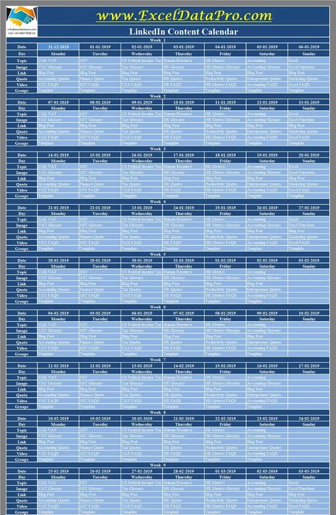 Download LinkedIn Content Calendar Excel Template - ExcelDataPro Instagram Content Calendar, Linkedin Content, Planning Excel, Content Calendar Template, Blog Schedule, Excel Calendar, Facebook Content, Linkedin Tips, Excel Shortcuts