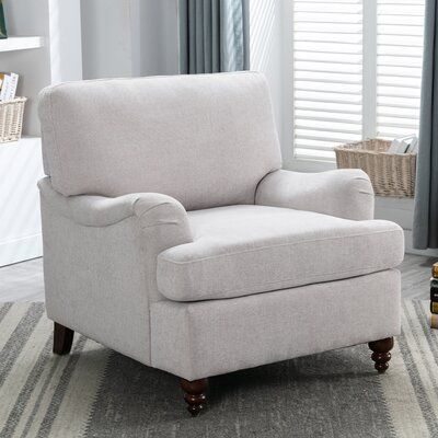 This armchair brings a French country look to your living room or den with its turned front legs and rolled arms. Its frame is made from solid and engineered wood, and the legs have a deep walnut finish for a rustic touch in your space. This 34.5" wide chair has a square back and a removable seat cushion with deep seating that's upholstered in polyester with foam filling for lots of support while you sit. Plus, we love that this chair includes all the tools you need for fuss-free assembly. Fabri Modern Reading Chair, Comfy Reading Chair, Comfy Reading, Tufted Arm Chair, Single Sofa Chair, Upholstered Accent Chairs, Reading Chair, Mid Century Modern Chair, Mid Century Chair