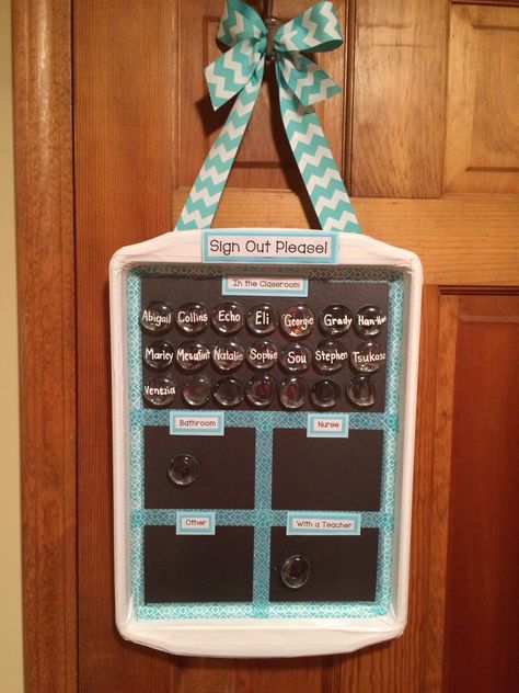 Bathroom sign out board! Magnetic cookies sheet, duck tape, washi tape.                                                                                                                                                     More Bathroom Check Out Classroom, Sign Out Board For Classroom, Magnetic Attendance Board, Kindergarten Bathroom Management, Classroom Bathroom Sign Out, Teacher Bathroom Ideas, Bathroom Sign Out Classroom, Bathroom Sign Out, Organizing Classroom