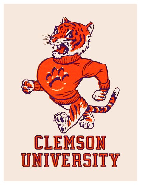 Vintage Clemson Tigers. Vintage Clemson Poster, Vintage College Mascot, Vintage Mascot Logo, Tiger Clothes, Clemson Art, University Painting, Clemson Logo, Graffiti Elements, Football Paintings