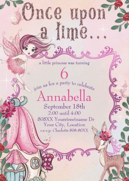 Once upon a time....lovely fairytale garden birthday invitations. Magical birthday party invites featuring a cute fairy tale garden theme. The phrase "Once upon a time" is printed at the top in a whimsical font. afflink Fairy Tale Birthday Party Theme, Garden Birthday Party Invitations, Fairytale Theme Party, Fairy Tale Birthday Party, Once Upon A Time Birthday, Fairytale Invitation, Fairy Theme Birthday Party, Fairy Tale Garden, Magical Birthday Party