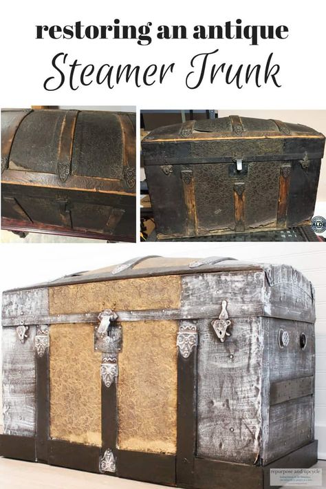 restoring an antique steamer trunk #antiquetrunk, #steamertrunk, #furnitureflip, #restorefurniture Vintage Trunks Makeover, Antique Trunk Makeover, Steamer Trunk Makeover, Trunk Redo, Antique Trunk Restoration, Trunk Makeover, Vintage Steamer Trunk, Antique Steamer Trunk, Old Trunks