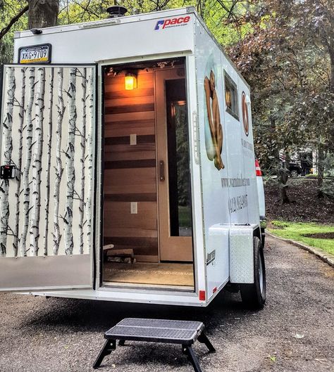 Like many custom sauna builders, Warm Timber built a mobile unit to show off their craft, and spread help spread the practice in their community.  This one-of-a-kind mobile sauna has all cedar interior with double benches, changing room, and a wood burning stove for the true Finnish sauna experience anywhere in the greater Pittsburgh area.  The sauna is perfect for family events, corporate outings, or just a friendly outing or couples retreat. Sauna On Trailer, Cedar Interior, Home Saunas, Mobile Sauna, Sauna Shower, Couples Retreat, Finnish Sauna, Couples Retreats, Rv Remodel