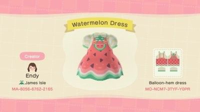 Acnh Watermelon, Fruit Dresses, Acnh Dress, Fruit Clothes, Acnh Custom Design, Animale Crossing, Acnh Custom Designs, Acnh Outfits, Watermelon Outfit