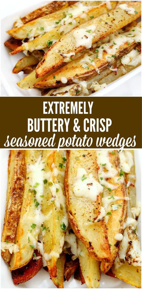 Easy recipe for the best seasoned potato wedges ever. Perfect for a snack, side dish or even parties. Buttery, crispy potato perfection everyone will love! Appetizers Seasoned Wedges, Cheesy Potato Wedges, Cafeteria Recipes, Recipe Apps, Seasoned Potato Wedges, Baked Potato Wedges, Buttery Potatoes, Crispy Potato Wedges, Wedges Recipe