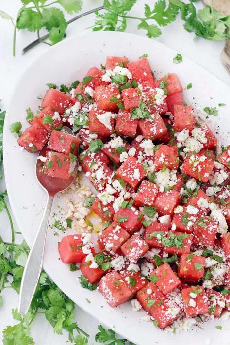 Watermelon Salad with Queso Fresco, Lime, and Cilantro Watermelon Salad Recipes, Watermelon Feta Salad, Summer Salads With Fruit, Mint Salad, Watermelon And Feta, Vegetarian Side Dishes, Watermelon Salad, Feta Salad, Watermelon Recipes