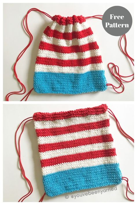 Little Patriot Drawstring Backpack Free Knitting Pattern Knitted Drawstring Bag Pattern Free, Knitted Book Bag, Small Bag Knitting Pattern, Knitting Machine Bag Pattern, Knit Bag Pattern Free, Knitted Bags Free Patterns, Knitting Backpack, Cross Body Bag Pattern Free, Drawstring Backpack Pattern