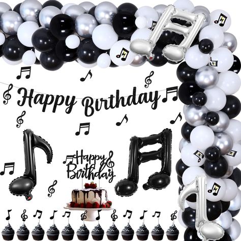 PRICES MAY VARY. Music Note Theme Birthday Party Decorations: You will get 48 x latex balloons 12 inches, 16 x latex balloons 5 inches, 1 x Happy Birthday banner, 1 x Happy Birthday cake topper, 9 x Music theme card, 12 x Music theme cupcake toppers, 2 x double notes foil balloons 20*18 inches (No Helium Supported), 2 x eighth note foil balloons 15*14 inches (No Helium Supported), 1 x balloon tape strip, 1 x adhesive dispense, 1 x white ribbons. Music Birthday Party Decorations: With stylish des Musical First Birthday Party, Music Party Ideas, Music Birthday Party Decorations, Music Birthday Party Theme, Music Themed Birthday Party, Music Happy Birthday, Music Note Cake, Disco Theme Party, Banners Music