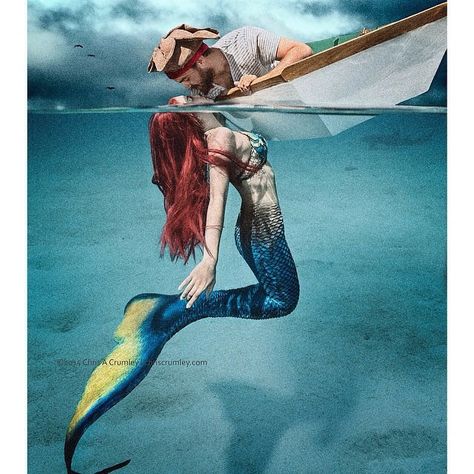 Mermaid in water kissing man in a boat On A Boat, The Ocean, Red Hair, Floating, Mermaid, Fish, Water, Red, Hair