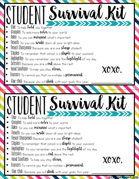 Student Survival Kit From Teacher, Back To School Kits For Kids, Survival Kit For Students, Survival Kit For Life, Middle School Survival Kit, Student Survival Kits, Schul Survival Kits, Middle School Survival, Survival Kit Gifts