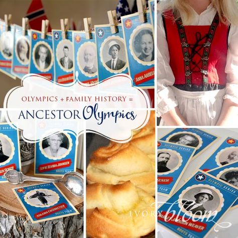 Incorporate family history into your #olympic #celebrations Perfect for kids! You could go ALL out and celebrate the entire two weeks, or just pick one day to do something fun. Ancestor cards, free download #printable #famiyhistory #ancestors #children #kids #olympics #ivorybloom Family History Poster Ideas, Temple And Family History Ward Activities, Family History Fair Ideas, Family History Activities, Family History Printables, Lds Relief Society Activities, Family Reunion Activities, Kids Olympics, History Games