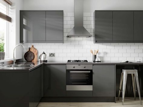 Ready to fit gloss kitchen | Madison dark grey | Wickes Dark Grey Gloss Kitchen, Grey Gloss Kitchen, Wickes Kitchens, Charcoal Kitchen, Flatpack Kitchen, High Gloss Kitchen, Affordable Kitchen, Dark Grey Kitchen, Gloss Kitchen