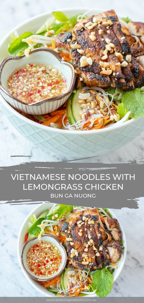 Vietnamese-style vermicelli noodle salad with lemongrass chicken, fresh vegetables and nuoc cham dressing. Get this recipe for Bun Ga Nuong. Recipe by Asian Inspirations. #vietnameserecipe #vietnamesecuisine #vietnamesefood #vietnamese #recipe #asianrecipe #asianinspirations #lemongrasschicken #lemongrass #vietnamesenoodles #vermicelli #salad #noodlesalad #asiancuisine #light #refreshing #bunganuong Vietnamese Bun Bowl, Lemongrass Chicken Vietnamese, Vietnamese Recipes Chicken, Lemongrass Recipes, Ga Nuong, Vietnamese Recipe, Vietnamese Noodle Salad, Vermicelli Salad, Chicken Buns