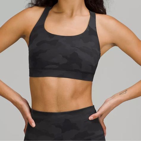 New With Tags Lululemon Energy Bra. This Is A Medium Support Sports Bra For B-D Cups. Bra: 77% Nylon, 23% Lycra Elastane Middle Layer: 89% Nylon, 11% Elastane Bra Lining: 56% Polyester, 33% Coolmax Polyester, 11% Lycra Elastane Camo Bra, High Support Bra, Lululemon Bras, Medium Support Sports Bra, Lululemon Energy Bra, Gray Sports Bra, Fitness Gear, Strappy Sports Bras, Yoga Sports Bra