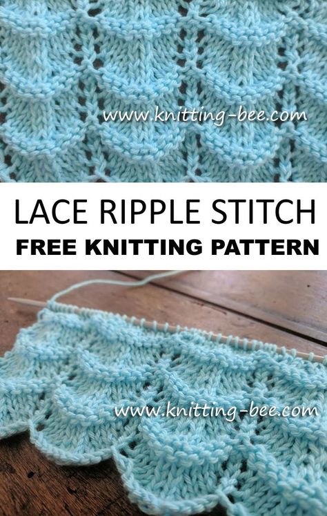 Free knitting pattern for a lace ripple stitch Knit Ripple Stitch, Slip Stitch Knitting Patterns Free, Ripple Knitting Pattern, Easy Knit Lace Pattern, Intermediate Knitting Patterns, Lace Knitting Stitches, Ripple Stitch, Knitting Patterns Free Blanket, Knitting Patterns Free Hats