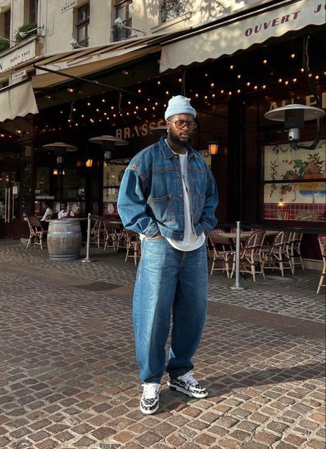 Light Denim Jacket Outfit Men, Oversized Denim Jacket Outfit Men, Friendsgiving Fits, Oversized Denim Jacket Outfit, Jacket Outfit Men, Denim Street Style, Denim Jacket Outfit, African Men Fashion, Oversized Denim Jacket