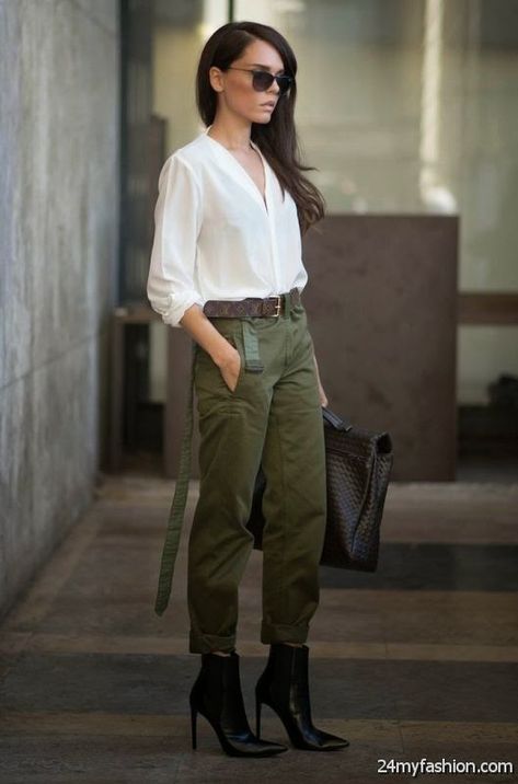 Outfits Pantalon Verde, Safari Look, Military Inspired Fashion, Military Chic, 2015 Fashion Trends, Cargo Pants Outfit, Look Rock, Army Fashion, Mode Casual