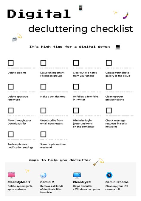 Your Decluttering Checklist #decluttering, #minimalism #macbook Social Media Declutter Checklist, Digital Declutter Checklist, Phone Declutter Checklist, Minimalism Checklist, Phone Declutter, Desk Checklist, Digital Declutter, Checklist Ideas, Decluttering Checklist