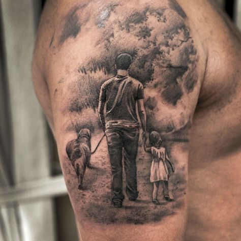 father, daughter and dog @marcaotattoorj Father Daughter Animal Tattoos, Nature Tattoo Sleeve, Tattoos For Daughters, Dog Tattoo, Nature Tattoos, Father Daughter, Travel Tattoo, Animal Tattoos, Pug