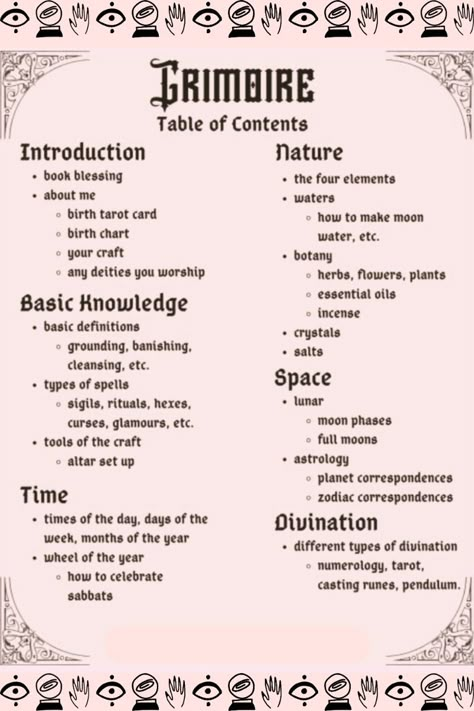 Discover creative ideas for organizing your grimoire! From dividing pages into categories to adding enchanting book embellishments, these tips will help you craft a witchy book of spells that's both practical and beautiful. Keep your magical knowledge at your fingertips with these easy-to-follow ideas for a well-organized witch's book. Perfect for beginners and seasoned practitioners alike! #Grimoire #Witch #BookIdeas #Pages #Witchcraft How To Start A Spell Book, Book Of Light Witchcraft, Book Of Shadows Opening Page, Spell Book Table Of Contents, Cosmic Witch Grimoire, Spell Book Journal Ideas, First Page Book Of Shadows, Witches Grimoire Pages, How To Organize Your Book Of Shadows