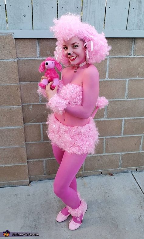 Pink Costumes Halloween, Diy Poodle Costume, Poodle Costume Women, Pastel Halloween Costume, Pink Poodle Costume, Leotard Costume Halloween, Campy Halloween Costume, Poodle Halloween Costumes, Pink Costumes Women