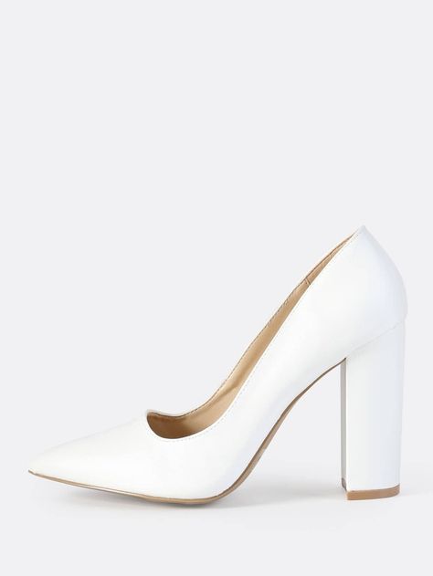 Faux Leather Closed Toe Chunky Heel WHITE | SHEIN USA White Wedding Shoes Brides Heels, Wedding Shoes Chunky Heel, Brides Heels, Wedding Shoes Brides, White High Heel Shoes, Medium Heel Shoes, Hak Tinggi, Trendy Heels, Closed Toe Heels