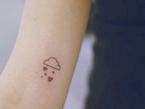 Cloud With Hearts Tattoo, Cloud Raining Hearts Tattoo, Cloud Heart Tattoo, Small Cloud Tattoo, Rain Drop Tattoo, Rain Cloud Tattoos, Cloud Tattoo Ideas, Tattoo Tour, Rain Tattoo