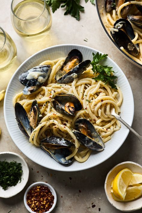 Creamy Avgolemono Mussels With Pasta | Olive & Mango Mussels And Pasta, Mussels Pasta, Scallop Recipe, White Wine Cream Sauce, Food References, Pasta Seafood, Birthday Sleepover, Spring Dishes, Mussels Recipe