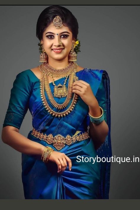 Blue Pattu Saree Wedding Indian Bridal, Jewellery For Blue Saree, Peacock Blue Pattu Saree, Blue Bridal Saree South Indian, Blue Saree Bridal Look, Blue Wedding Saree Bridal Kerala, Peacock Saree Designs, Blue Engagement Saree, Royal Blue Pattu Saree Wedding