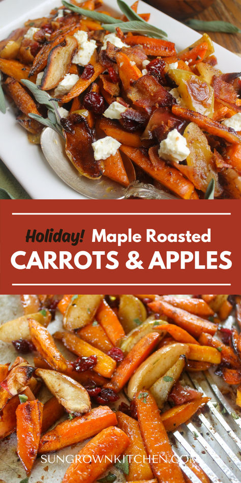 Roasted apples and carrots with bacon, feta, sage and dried cranberry. Carrots And Apples Side Dish, Apple Cranberry Side Dish, Carrot Dish For Christmas, Savory Apple Side Dishes, Holiday Roasted Carrots, Side Dishes New Years Eve, Apple Side Dish, Savory Apple Recipes, Maple Roasted Carrots