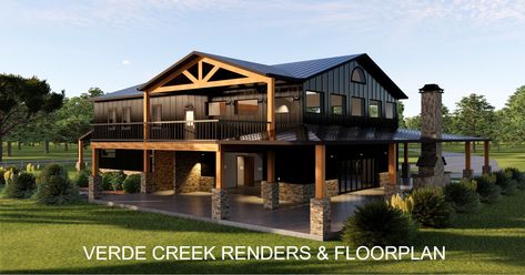 Verde Creek Barndominium Renders & Floorplan. Located in Kerrville, TX. #patiolife #designbuild #barndominium #modernfarmhouse #steelframe #outdoorliving #barnhaus Barndominium Balcony, Barndominium With Balcony, 2nd Floor Balcony, Barndominium Ideas, Country House Decor, Barndominium, 2nd Floor, House Decor, Country House