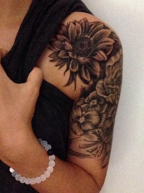 Love Women Upper Sleeve Tattoo Ideas, Half Sleeve For Women Upper Arm, Coverup Tattoo Ideas For Women Shoulder, Colorful Flower Sleeve Tattoos For Women, Dark Sunflower Tattoo Cover Up, Sunflowers Shoulder Tattoo, Sunflowers On Shoulder Tattoo, Shoulder Collar Bone Tattoo For Women Sunflower, Shoulder Cap Tattoo Sunflower