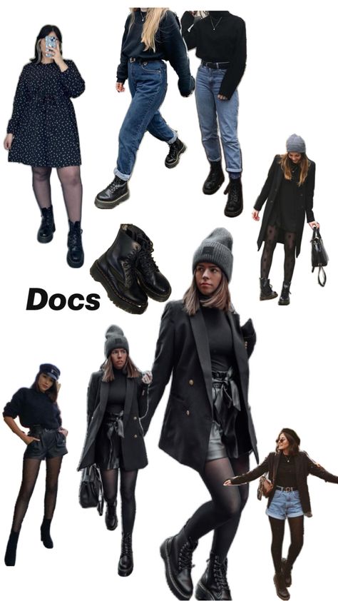 Doc Marten Boots Doc Martin Skirt Outfit Winter, Dr Martens With Socks, Docs Chelsea Boots Outfit, Docs Platform Outfit, Doc Martens Leona Outfit, Dr Martens Outfit Winter Casual, Feminine Doc Marten Outfits, Slip On Doc Martens Outfit, Dr Marten Winter Outfits