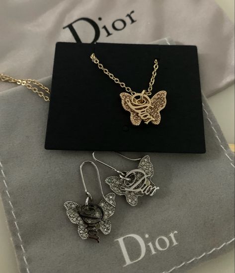 Dior vintage rhinestone spell out butterfly necklace and earrings set in gold and silver <3 my new fav Butterfly Necklace And Earrings, Dior Necklace, Necklace Butterfly, Fashion Archive, Dior Vintage, Closet Organizer, Butterfly Bracelet, Necklace And Earrings Set, Butterfly Necklace