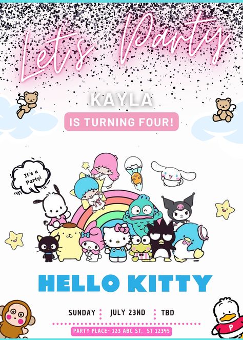 Sanrio Invitation, Kitty Invite, Hello Kitty Invitation Card, Hello Kitty Invitations, Invite Design, Kawaii Kitty, Bunny Birthday, Party Places, Birthday Invitation Template