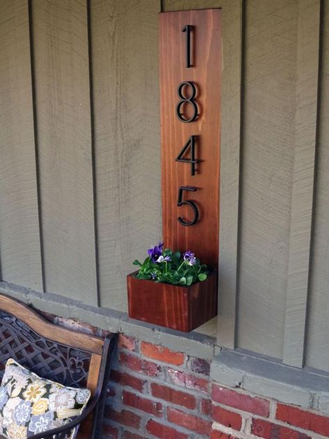 Address Display and Seasonal Plantings Diy House Number Plaques, Hanging Planter Boxes, House Numbers Diy, Concrete Retaining Walls, Diy Planter Box, Address Numbers, Exterior Wood, Planter Box, Decks And Porches