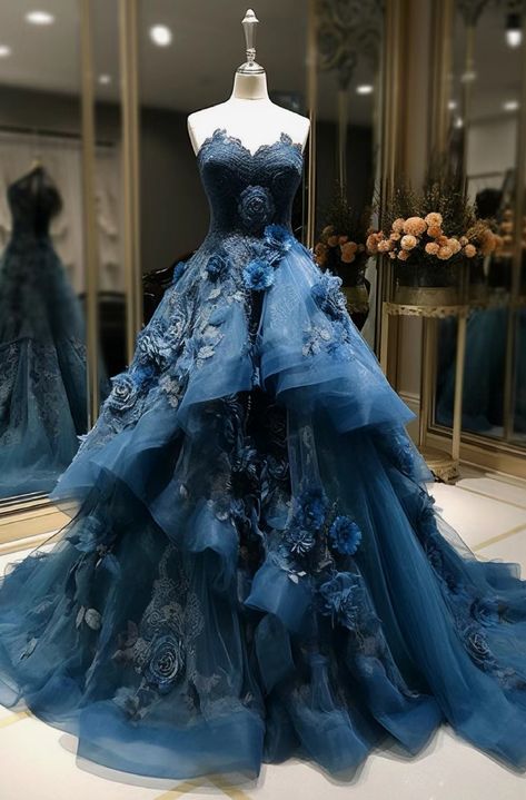 Sapphire Blue Gown, Dark Blue Ball Gown, Midnight Blue Prom Dresses, Sapphire Blue Dress, Different Wedding Dresses, Blue Ball Gown, Expensive Dresses, Blue Ball Gowns, Fancy Dresses Long