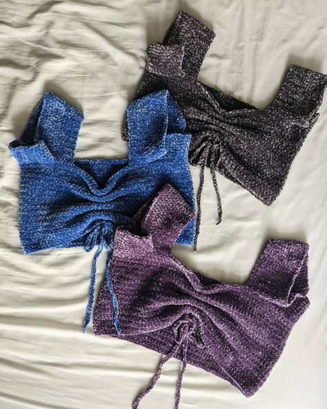 ❁ Crochet by Emily Rose ❁ on Instagram: “My latest velvet children 💙💜 Luurved making these customs over the weekend! Can't get enough of the velvety goodness 🤤” Velvet Crochet Top Pattern, Crochet Velvet Top, Velvet Yarn Projects, Velvet Top Pattern, Velvet Yarn Crochet Patterns, Crochet Velvet Yarn, Velvet Yarn Crochet, Velvet Crochet, Yarn Clothes